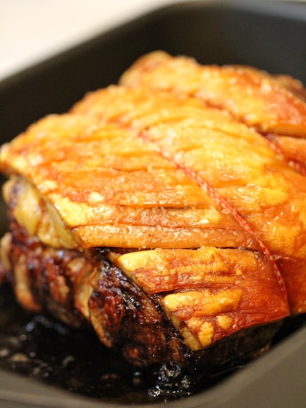 Roast Pork with Crackling in roasting dish