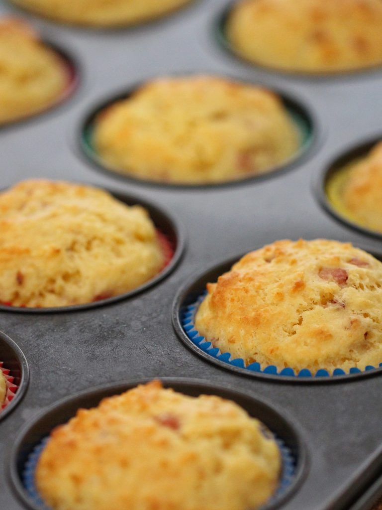 cheese and bacon muffin on a baking tray