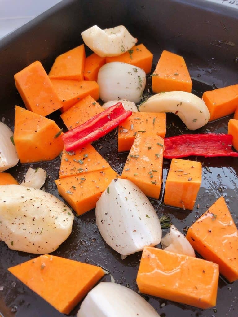 Pumpkin soup vegetables in roasting tin