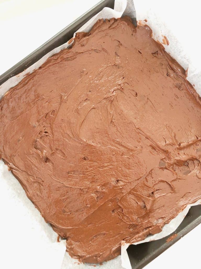 brownie mixture on a baking tin ready for the oven