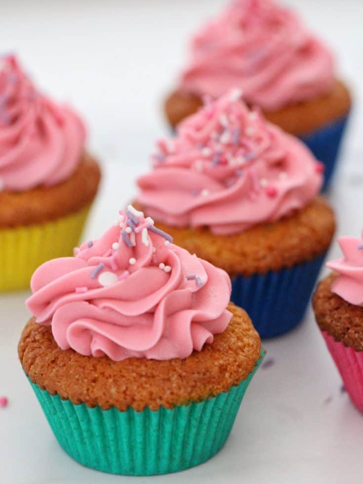 Pink Thermomix buttercream frosting on cupcakes