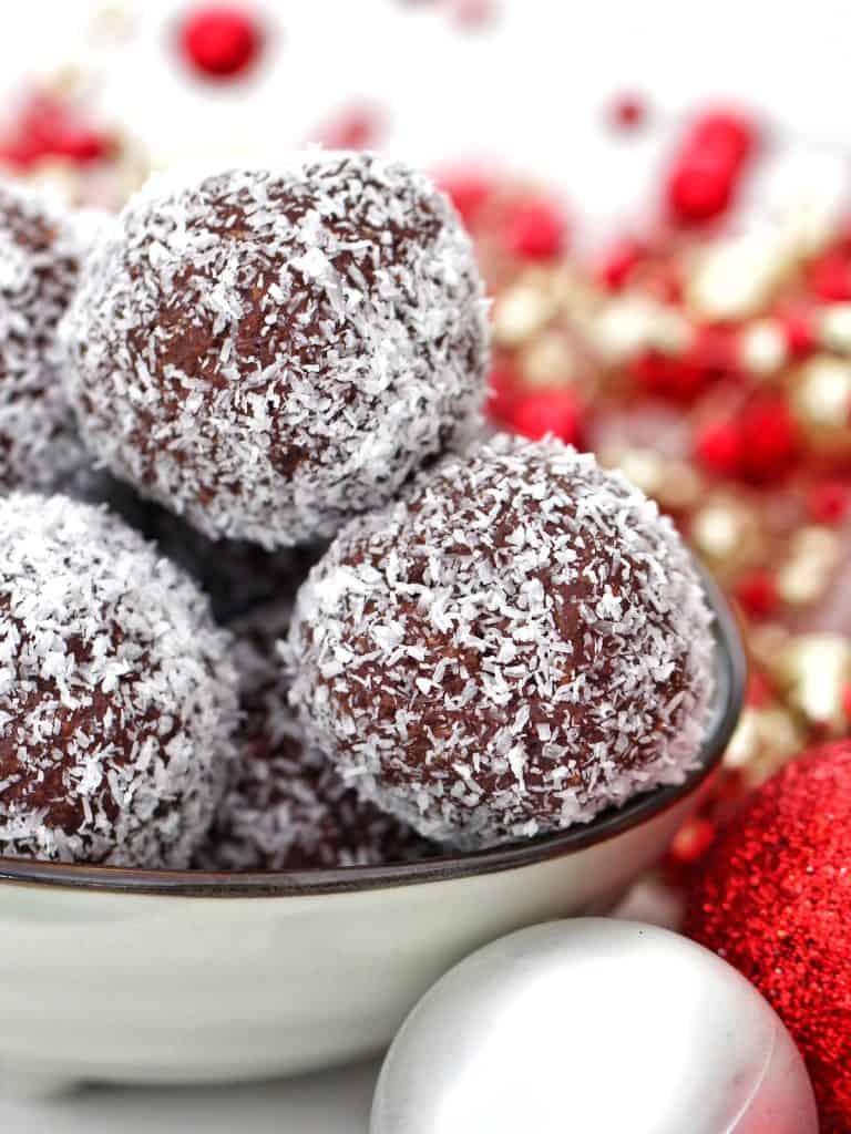 Chocolate Rum Balls rolled in coconut flakes