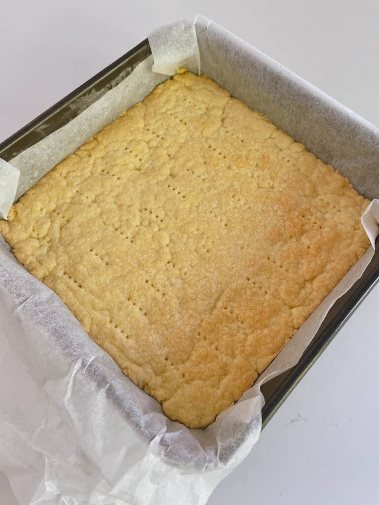 Baked shortbread in cake tin.