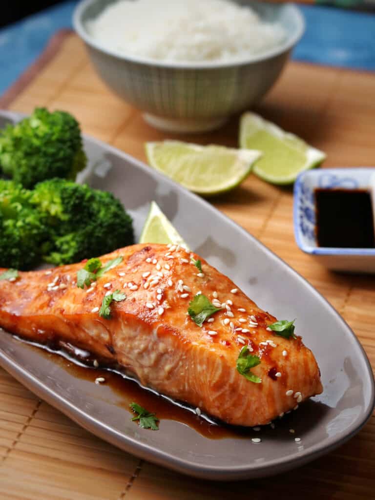 a plate of honey soy salmon