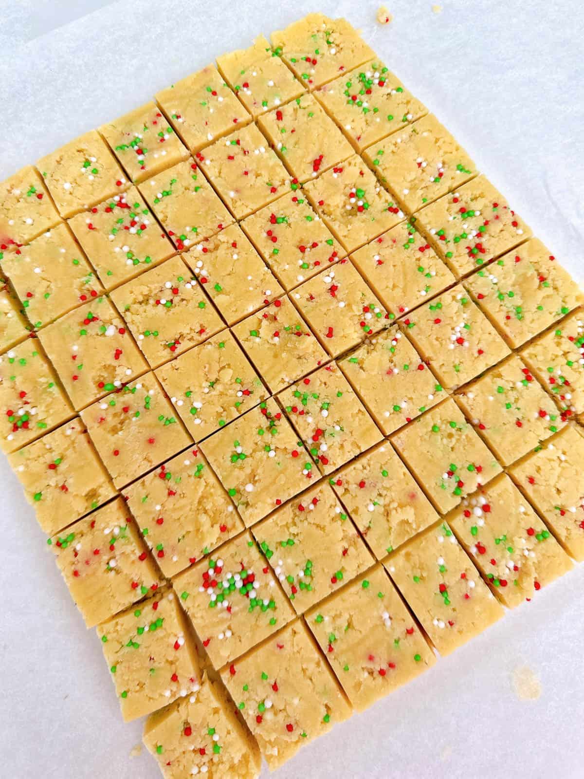 Thermomix Christmas Shortbread Bites dough cut into squares.