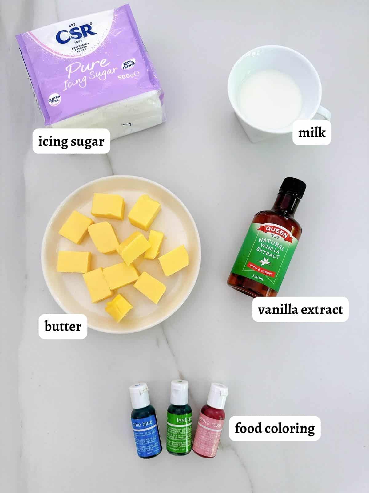 Flatlay of buttercream icing ingredients. 