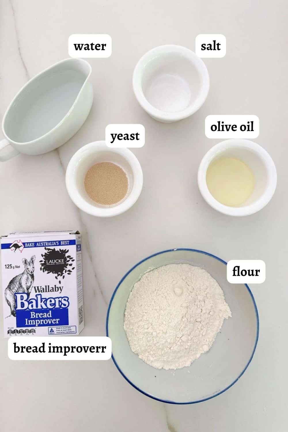 Flatlay of Thermomix bread ingredients.