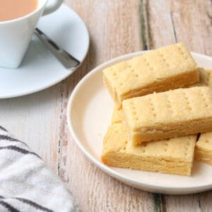 Thermomix shortbread fingers on a white plate.