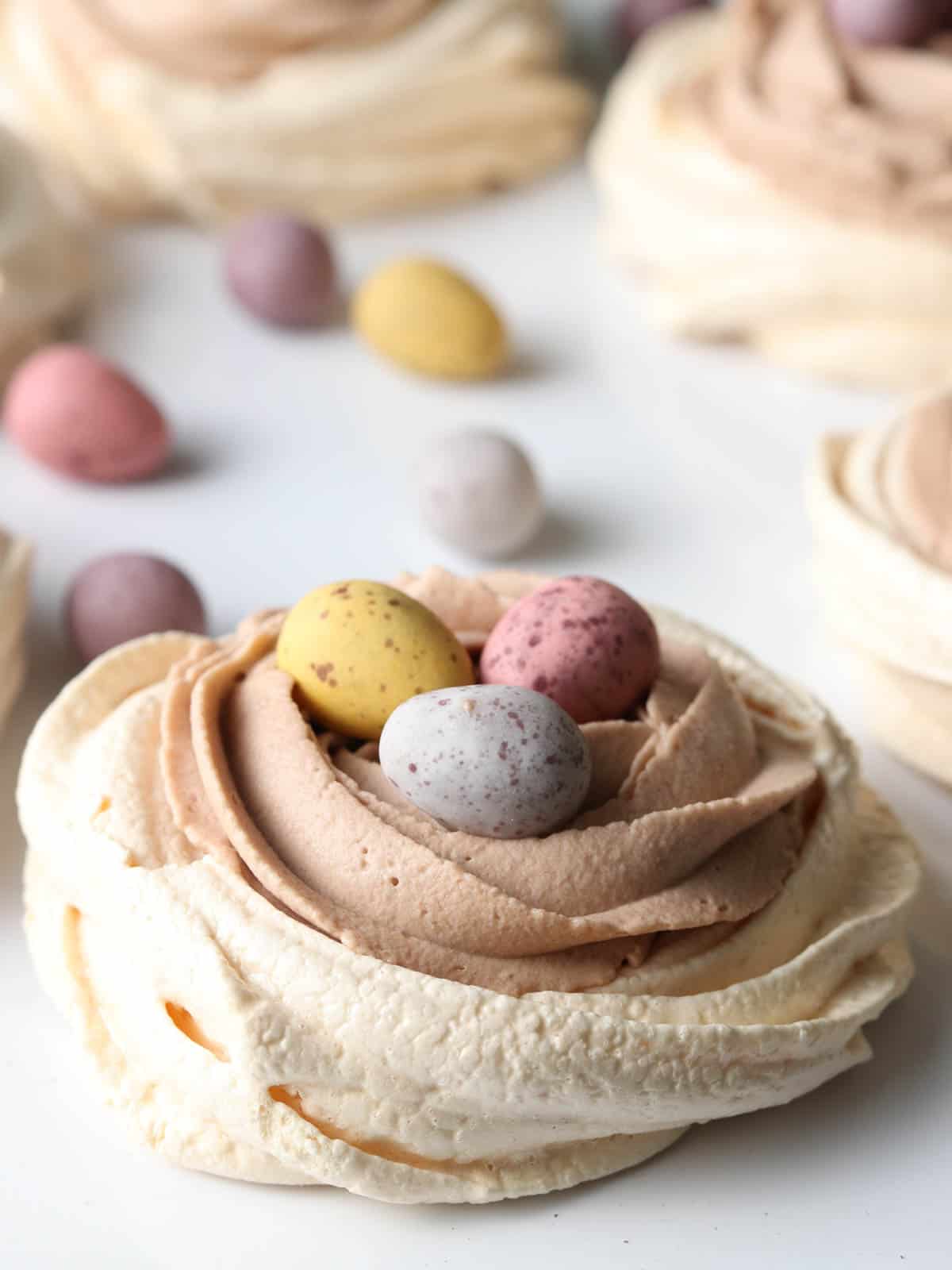 Easter meringue nest with eggs.