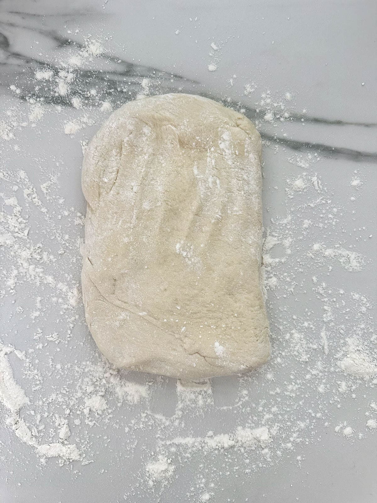 Thermomix dough on a floured surface shaped into a rectangle. 