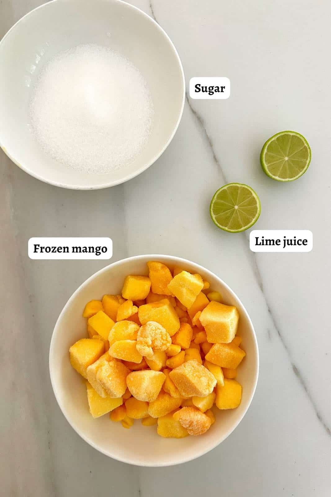 Thermomix Mango Sorbet ingredients on a table with labels. 