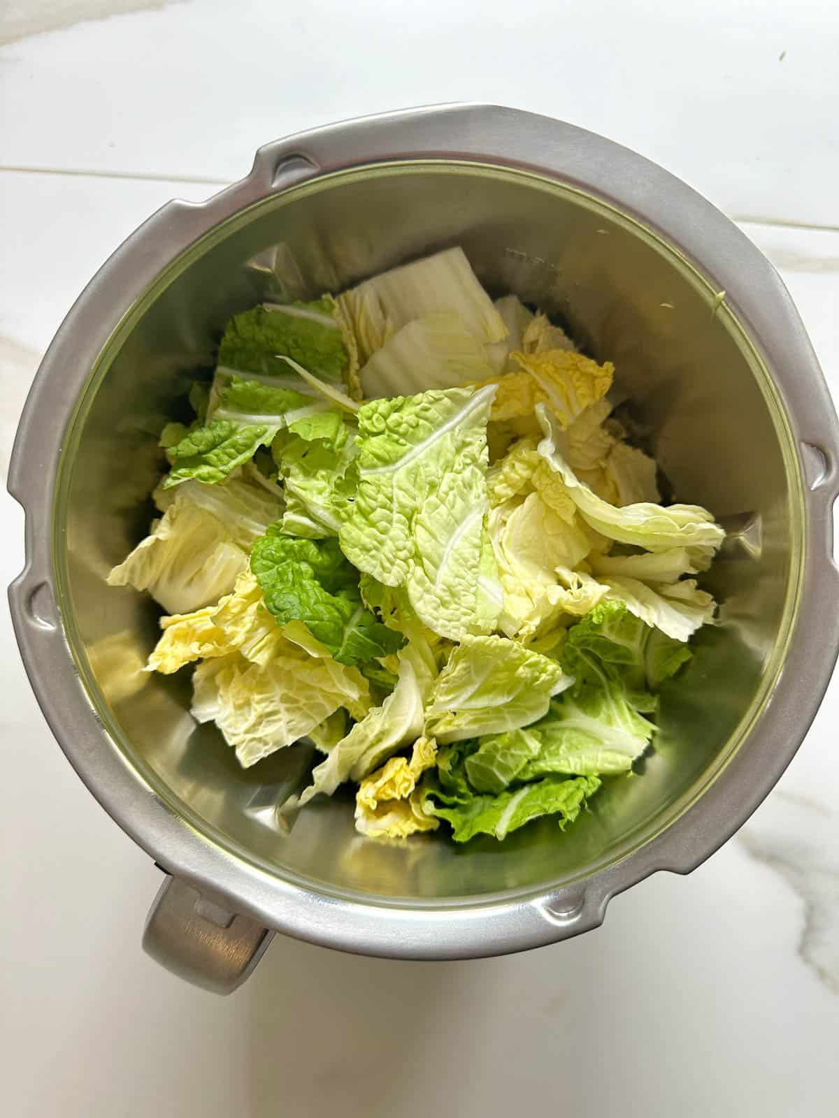 Chinese cabbage leaves in Thermomix bowl.