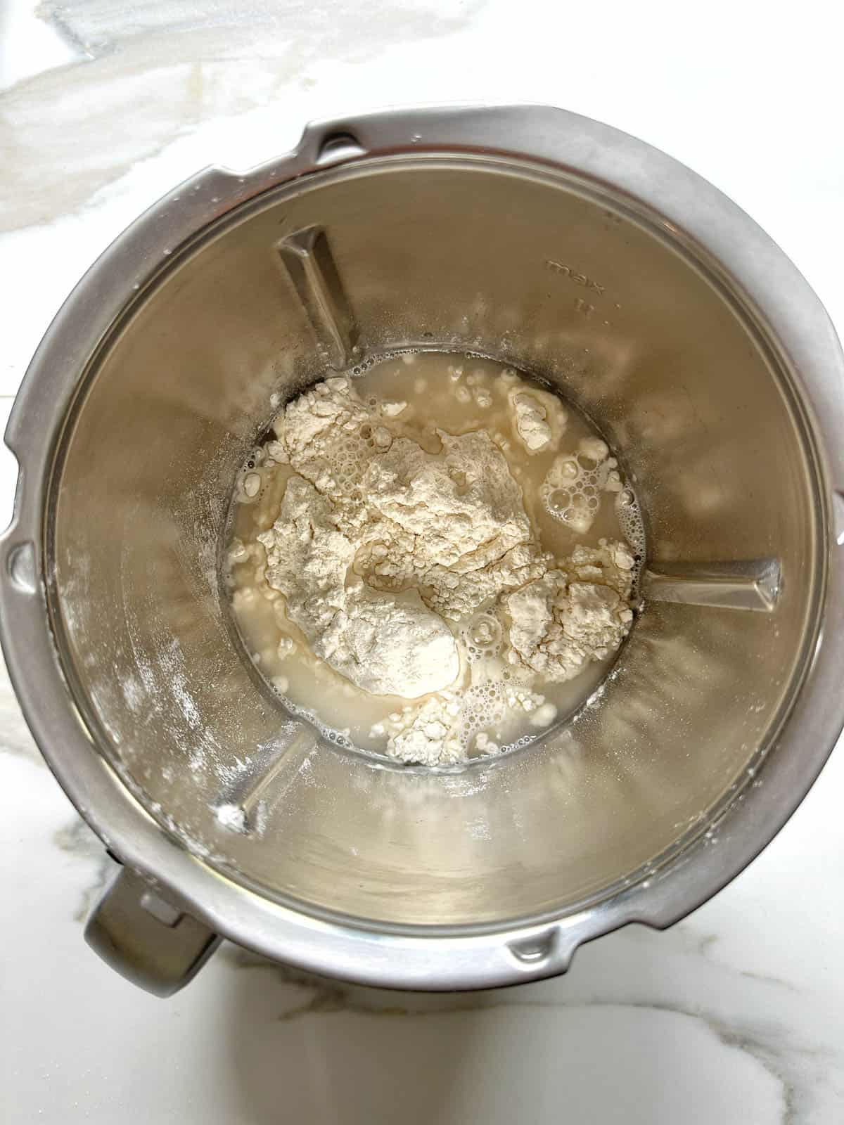 Thermomix Dumpling wrapper ingredients in Thermomix bowl.