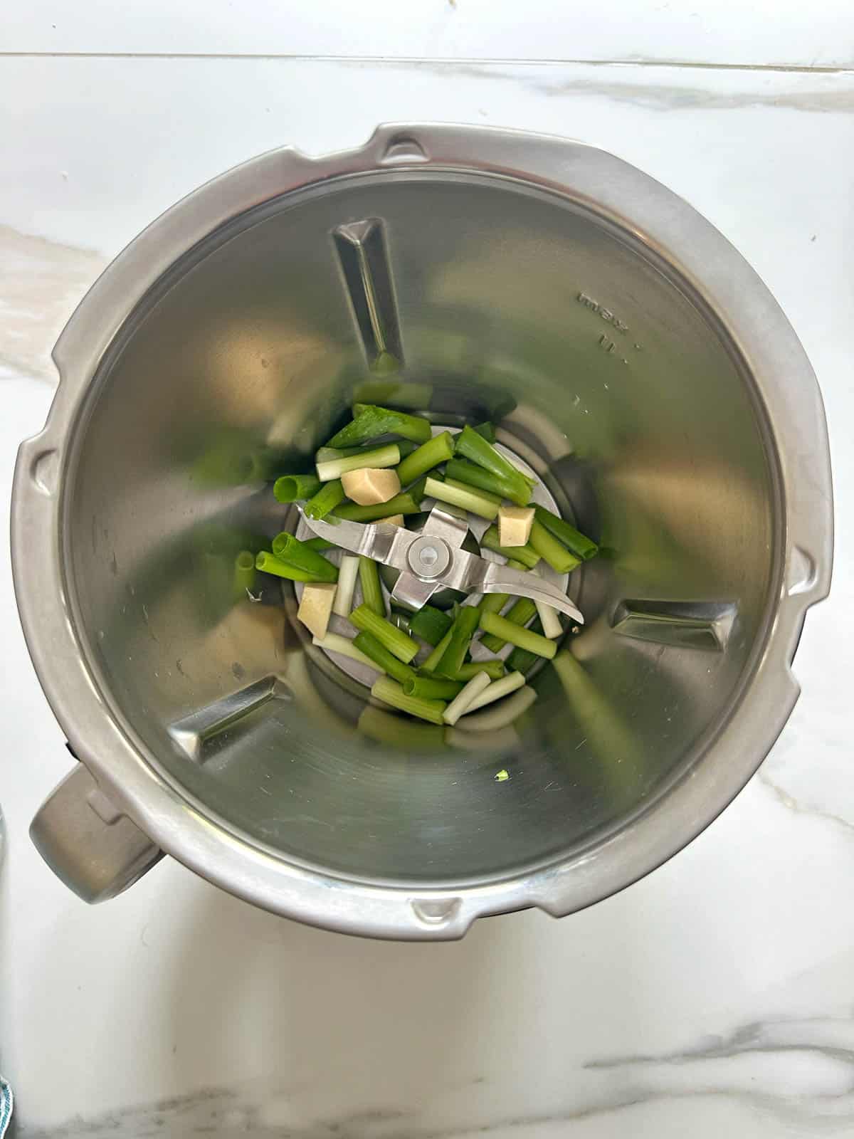 Ginger and spring onion in Thermomix bowl.