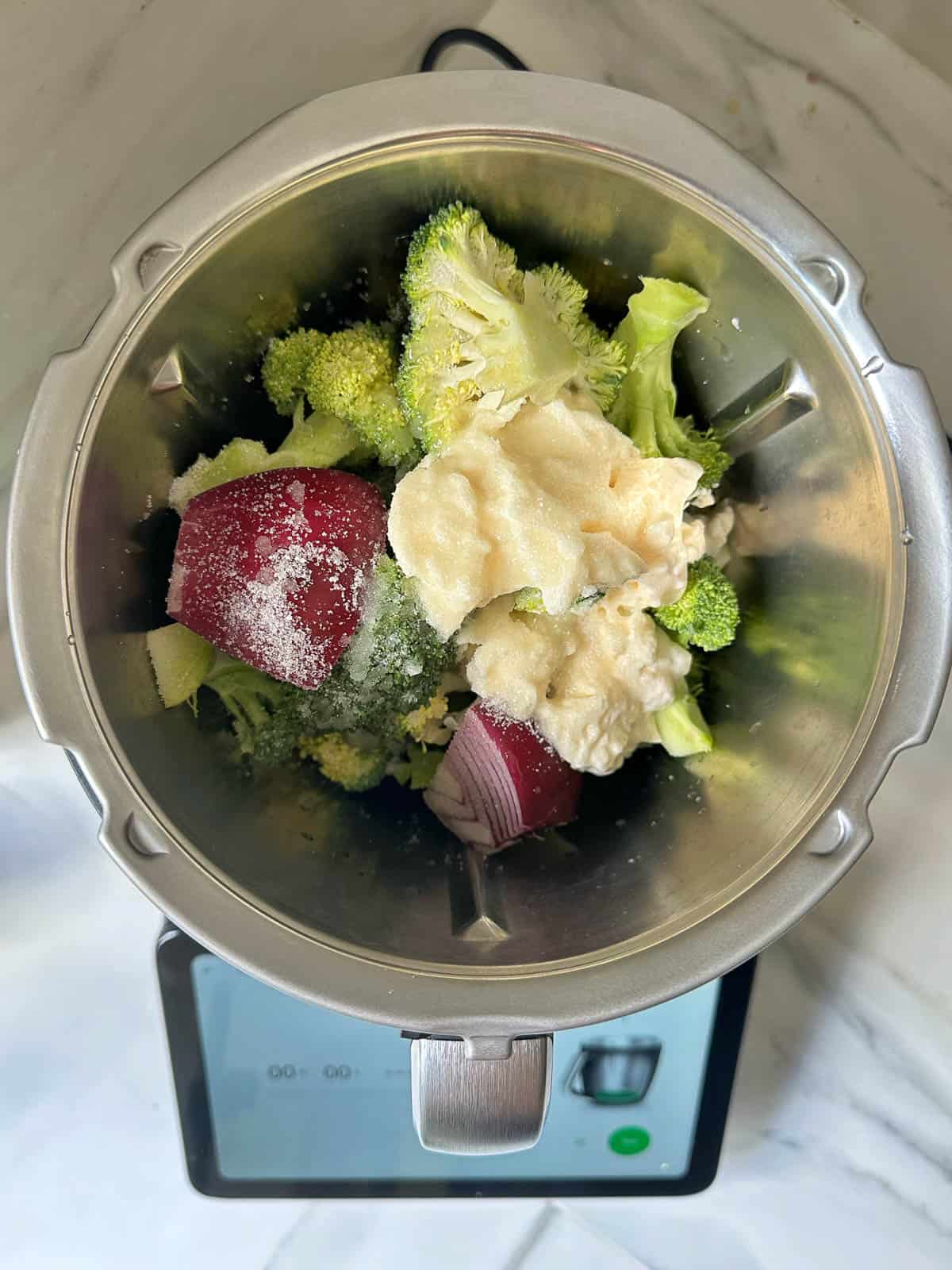 Broccoli salad ingredients in the Thermomix bowl. 