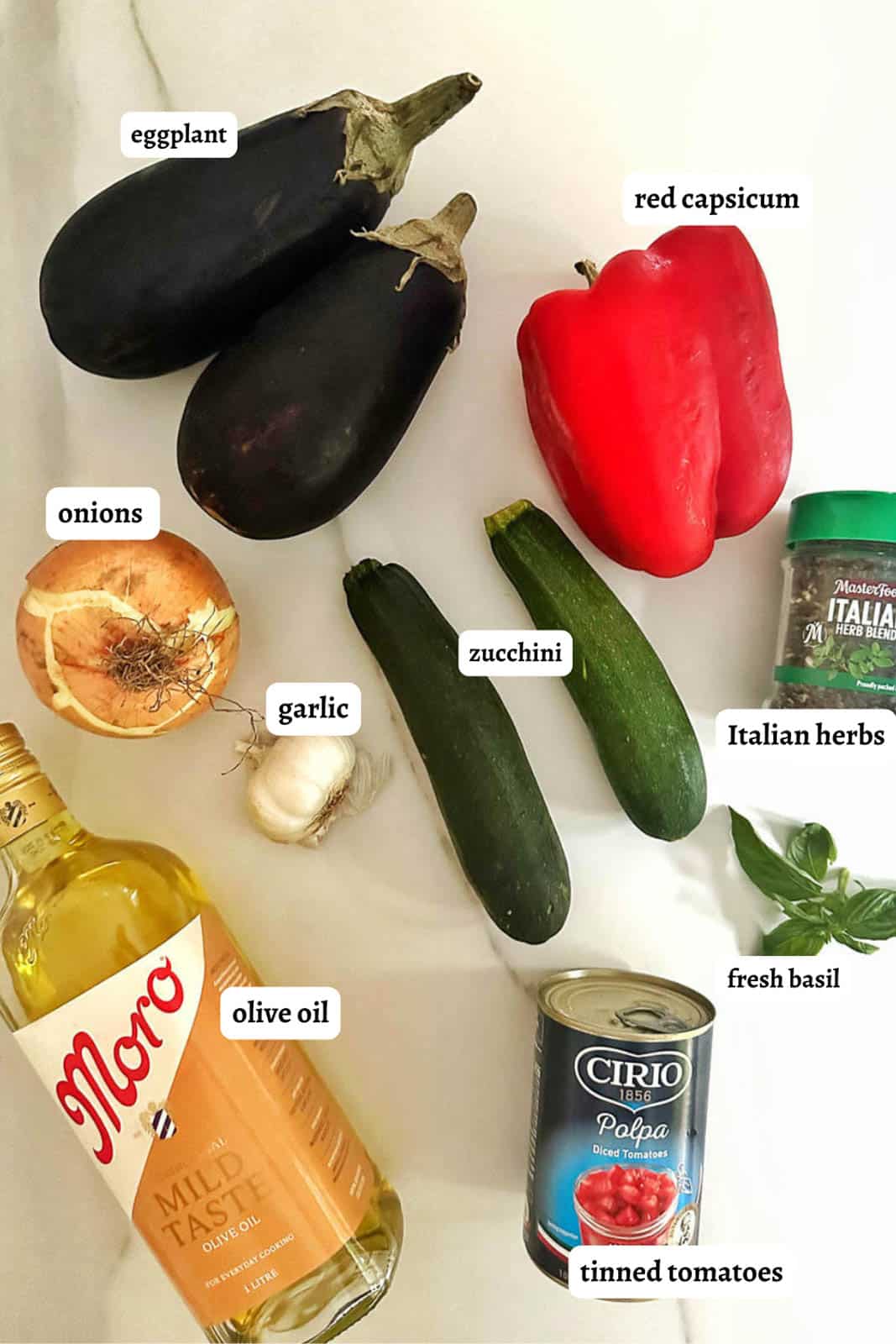 Vegetable ragu ingredients labelled. 