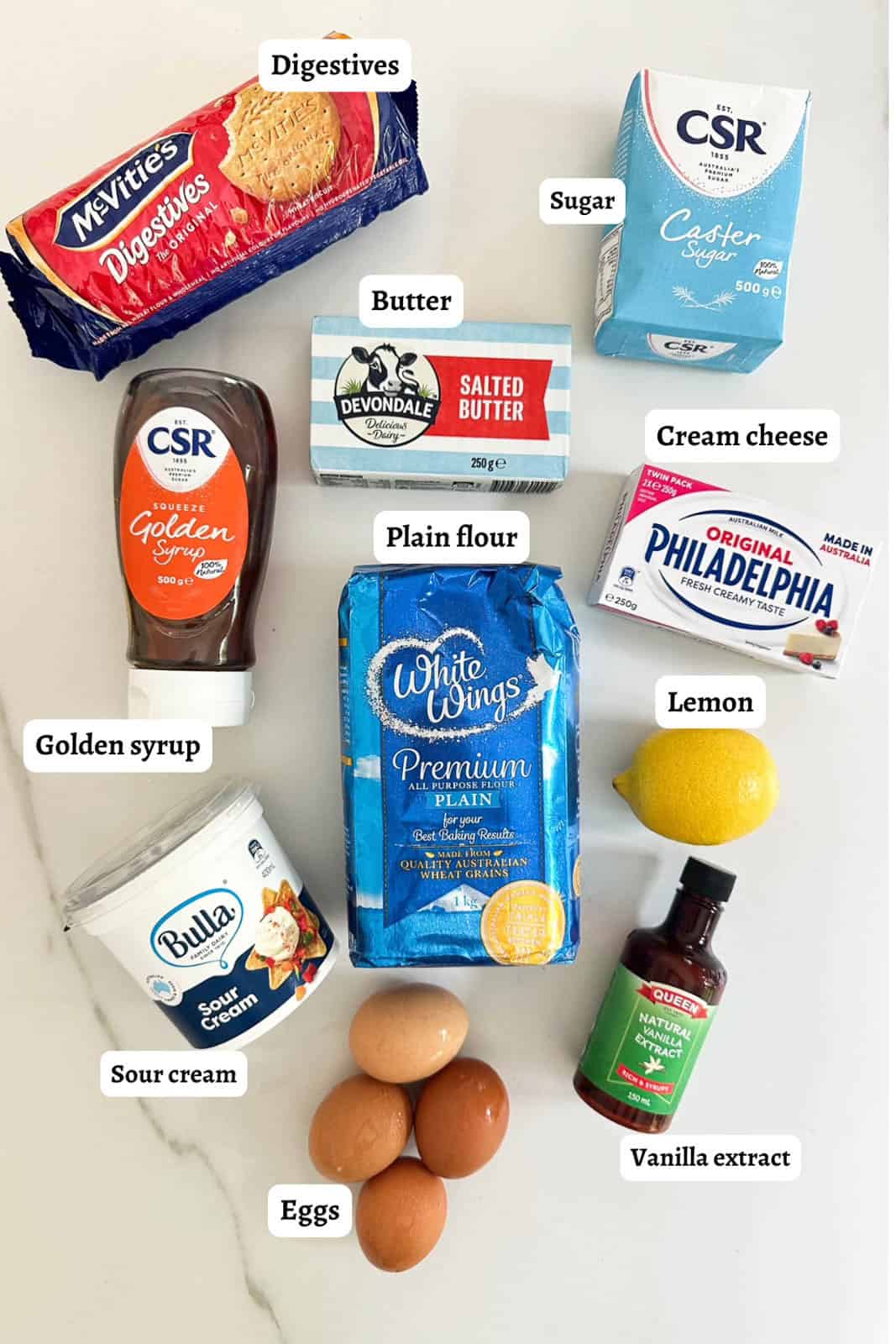 Labelled ingredients for Thermomix Cheesecake.