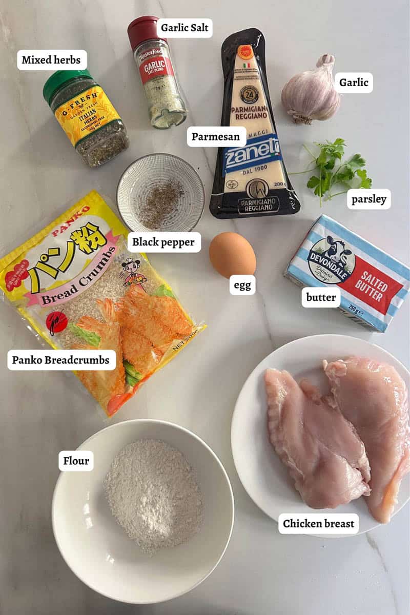 Flatlay of Chicken Kiev ingredients, labelled. 