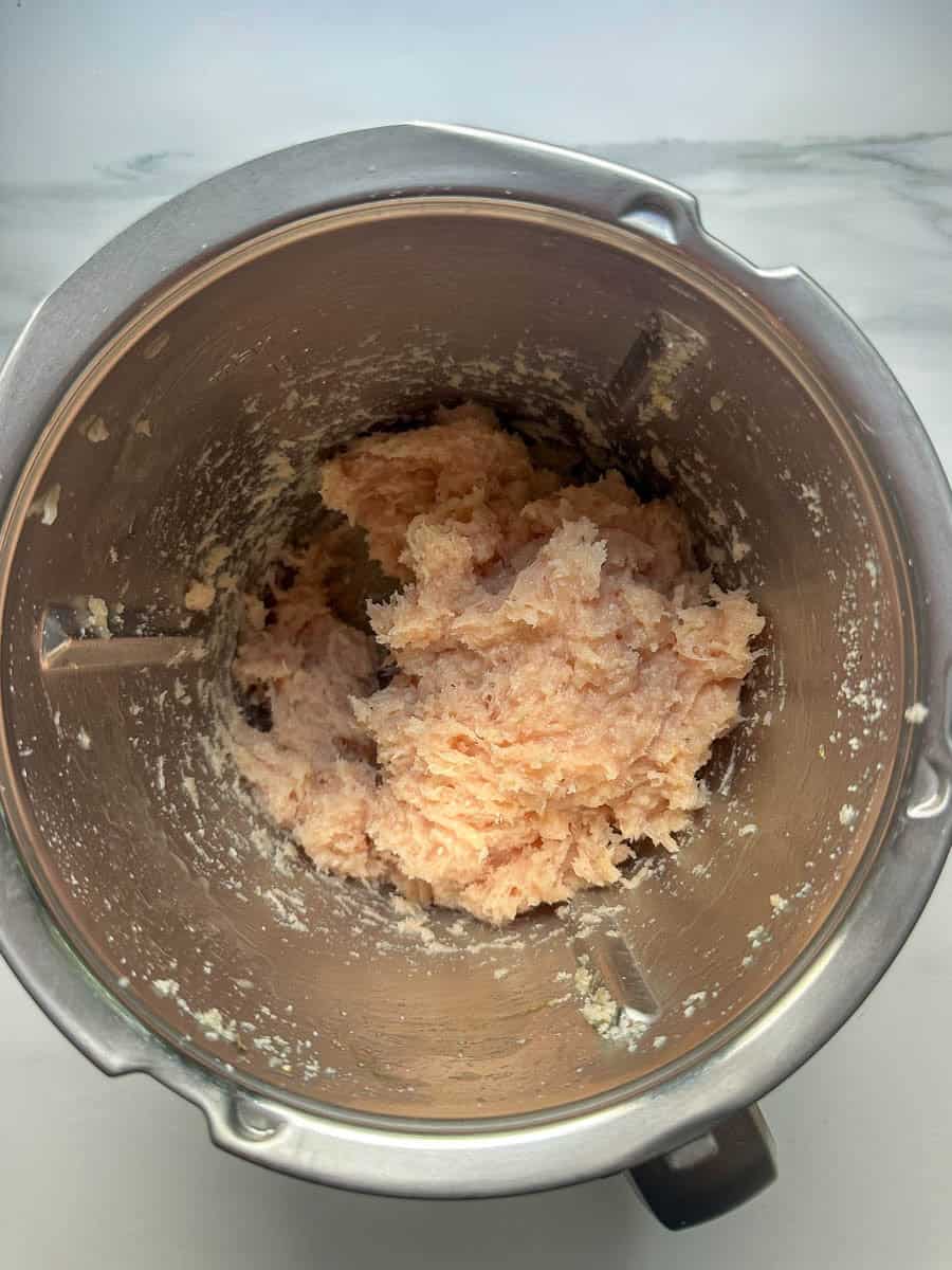 Chicken mixture in the Thermomix bowl. 