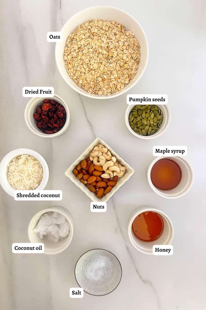 Labelled flatlay of Thermomix Granola ingredients.