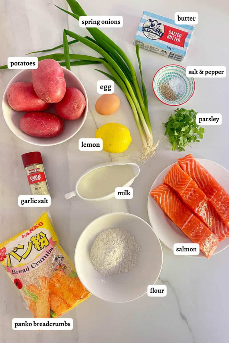 Flatlay of labelled ingredients for Thermomix Salmon Fishcakes.