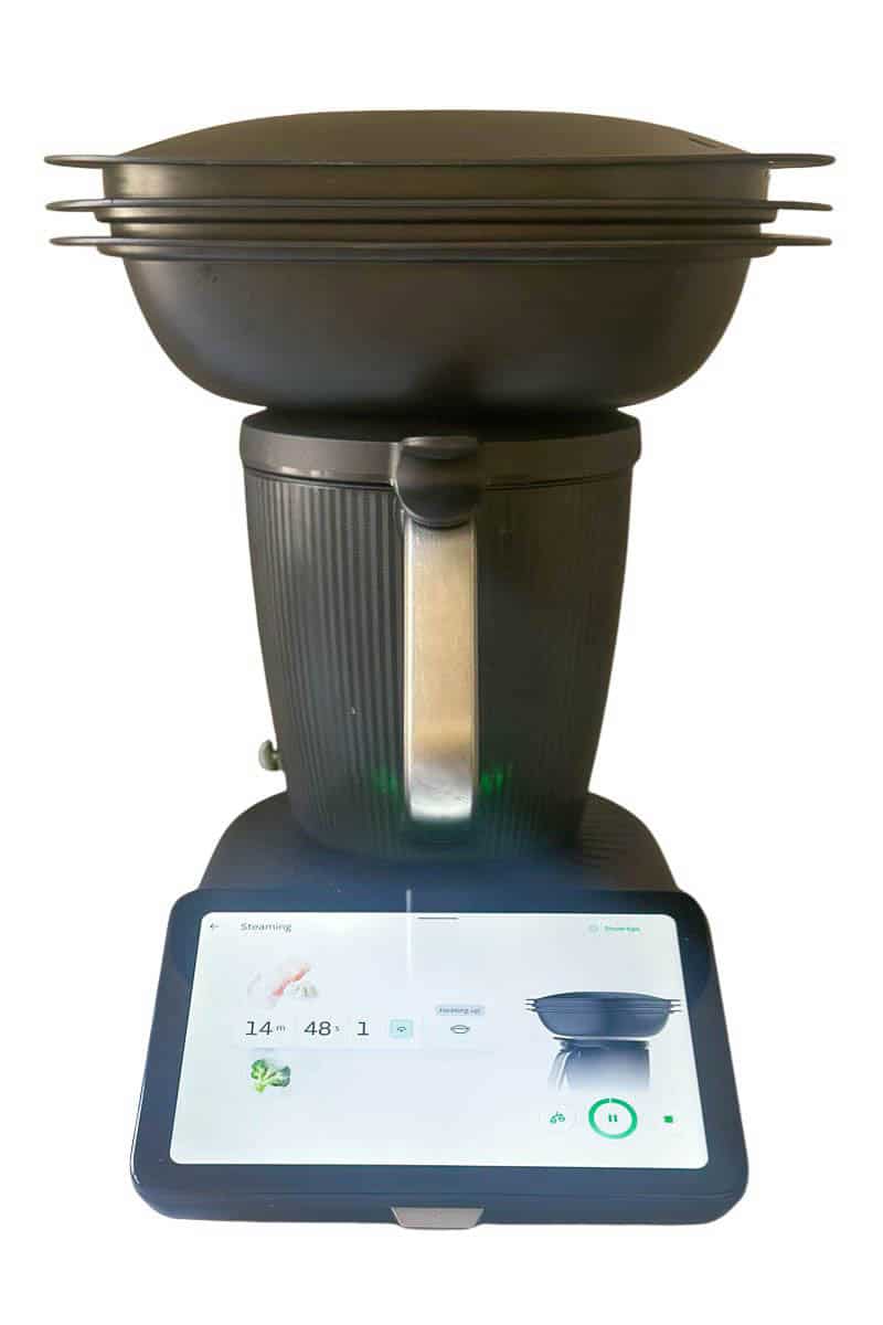 Thermomix TM7 with varoma basket on top using steaming mode.