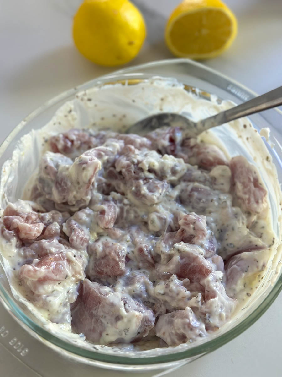 Marinating chicken for Air fryer Chicken Souvlaki. 
