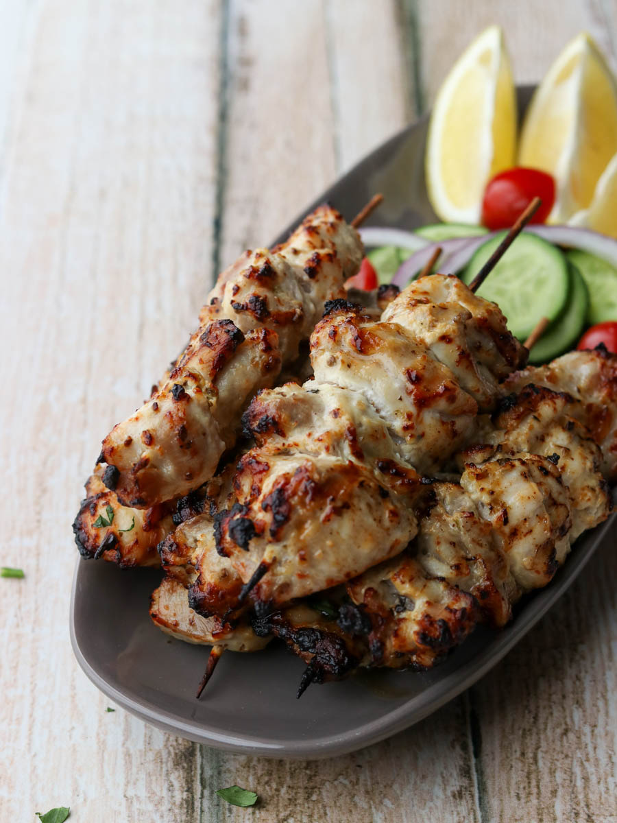 Air fryer Chicken Souvlaki on a plate. 