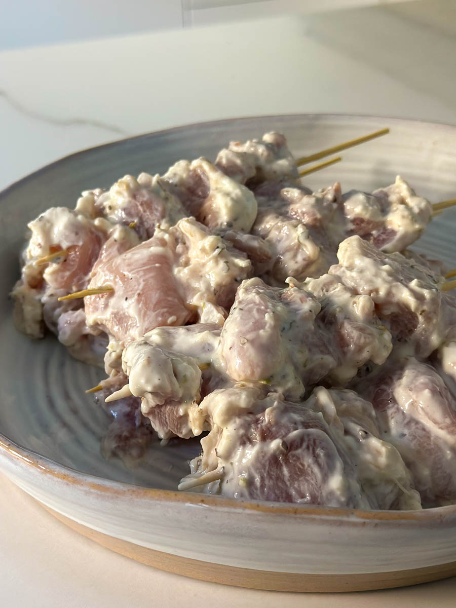 Air fryer Chicken Souvlaki skewers ready for the air fryer. 