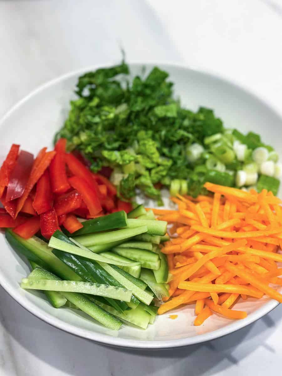 Chopped vegetables for Noodle Salad.