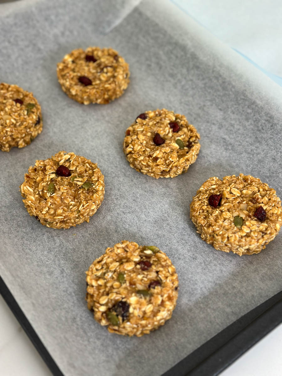 Thermomix breakfast cookies on a baking tray ready for the oven. 