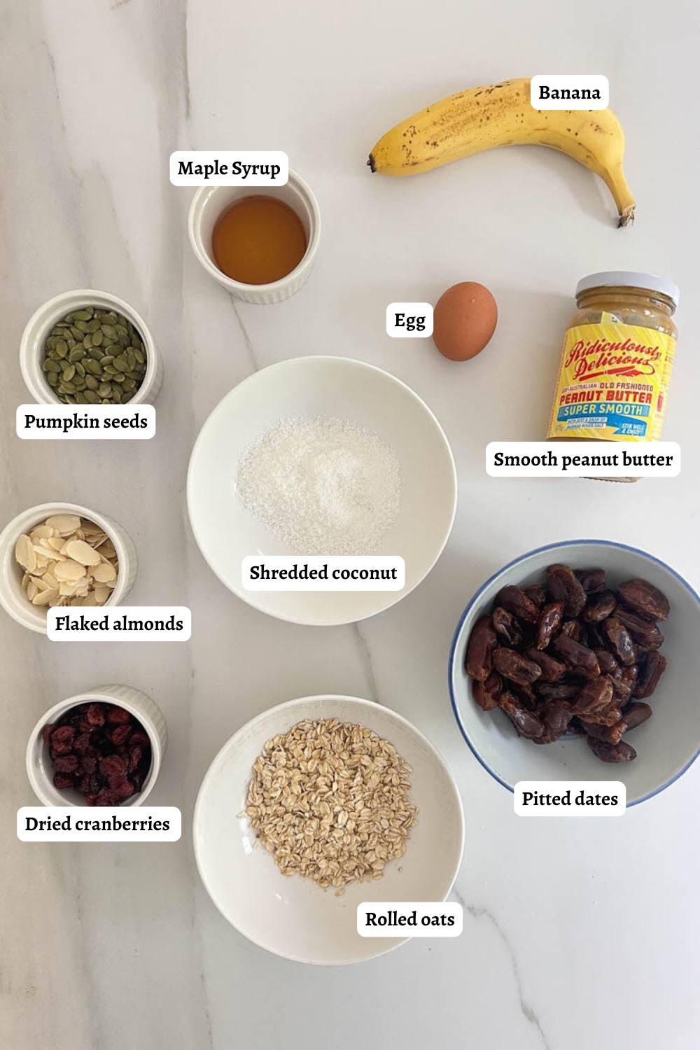 Flat lay of labelled ingredients for Thermomix breakfast cookies.