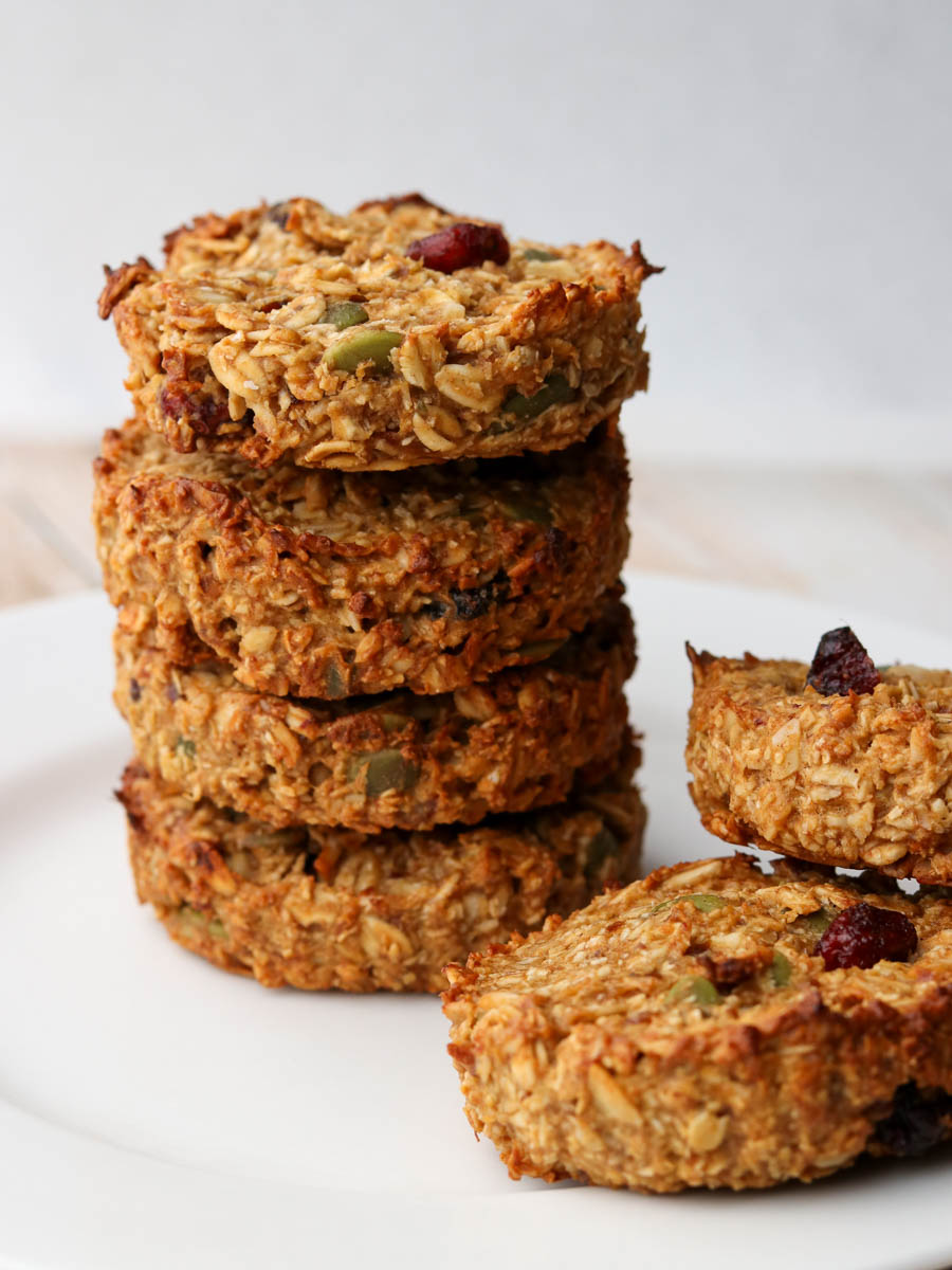 Thermomix breakfast cookies stacked on a plate. 
